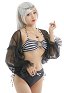 Miccostumes Trajes de baño para mujer Traje de baño negro con rayas blancas Conjunto de bikini sexy con top halter y pantalones cortos con pareo