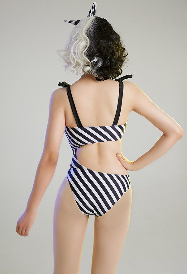 Miccostumes Trajes de baño para mujer Trajes de baño a rayas blancas y negras Trajes de baño sexys con pareo corto