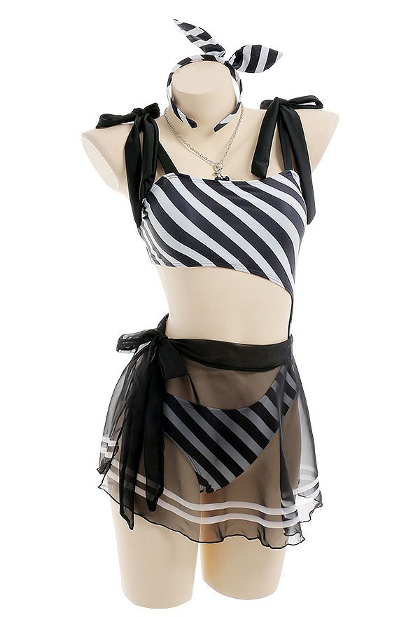 Miccostumes Trajes de baño para mujer Trajes de baño a rayas blancas y negras Trajes de baño sexys con pareo corto