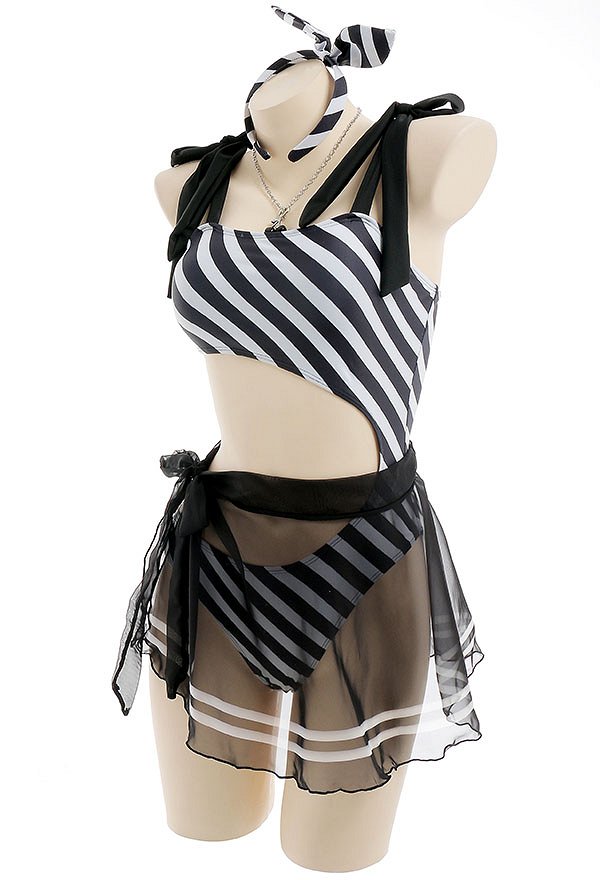 Miccostumes Trajes de baño para mujer Trajes de baño a rayas blancas y negras Trajes de baño sexys con pareo corto