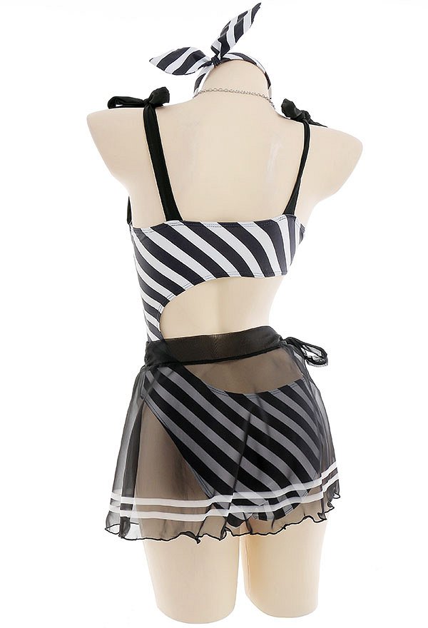 Miccostumes Trajes de baño para mujer Trajes de baño a rayas blancas y negras Trajes de baño sexys con pareo corto
