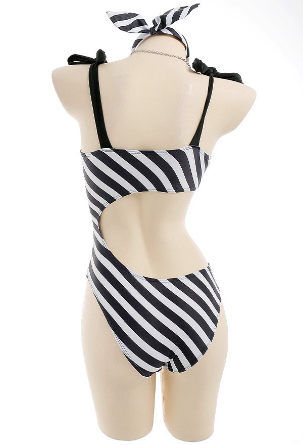 Miccostumes Trajes de baño para mujer Trajes de baño a rayas blancas y negras Trajes de baño sexys con pareo corto