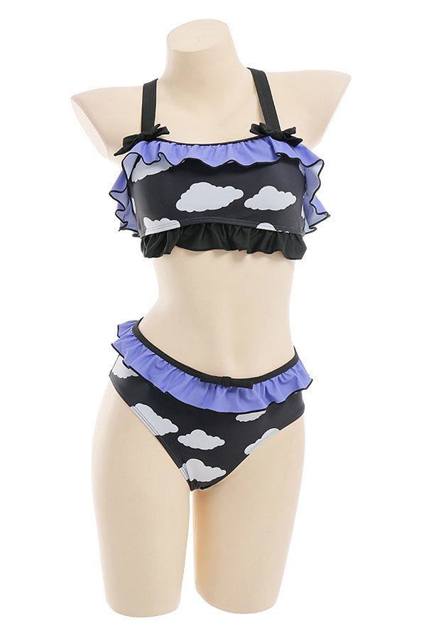 Miccostumes Swimsuits for Women Cloud Pattern Swimwear Bathing suit Ruffles Top and Shorts Bikini Sets