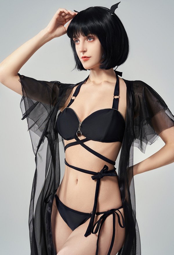 Miccostumes Trajes de baño para mujer Traje de baño estilo gótico Trajes de baño con cordones Conjuntos de bikini con pareo