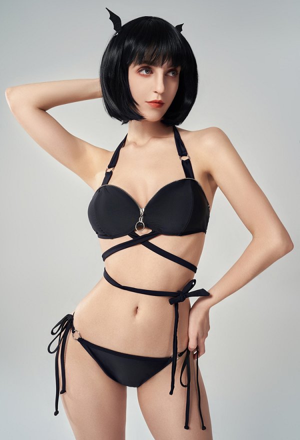 Miccostumes Trajes de baño para mujer Traje de baño estilo gótico Trajes de baño con cordones Conjuntos de bikini con pareo
