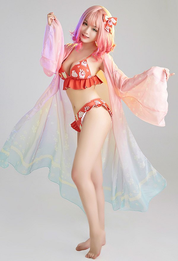 Miccostumes Swimsuits for Women Cartoon Pattern Bathing Suit Ruffles Decorated Swimwear Bikini Sets with Sheer Coverup Chiffon Cardigans