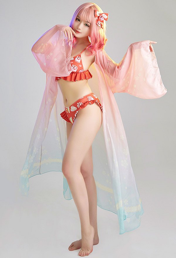 Miccostumes Swimsuits for Women Cartoon Pattern Bathing Suit Ruffles Decorated Swimwear Bikini Sets with Sheer Coverup Chiffon Cardigans