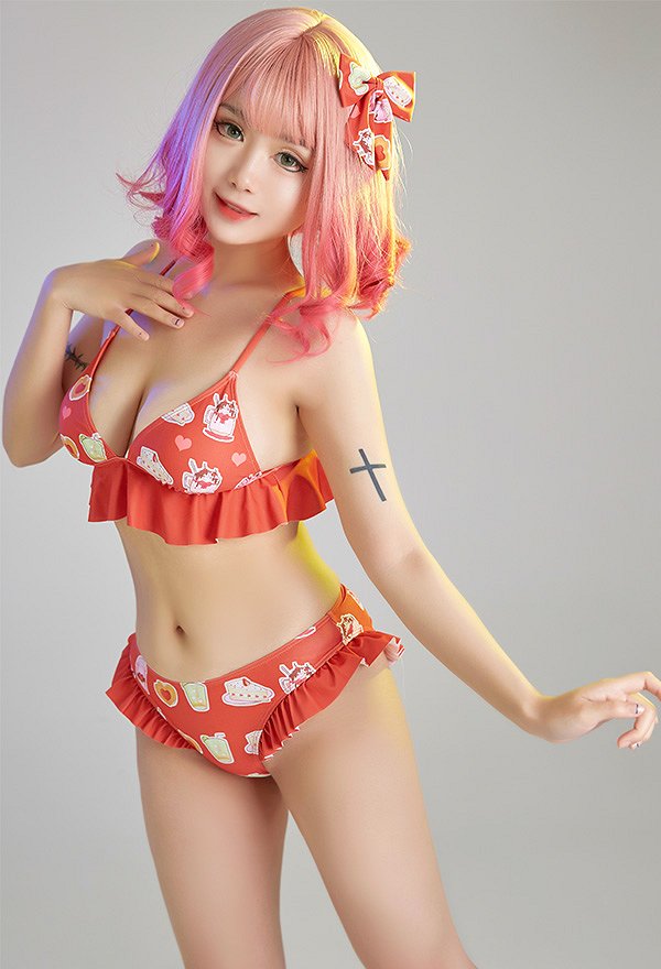 Miccostumes Swimsuits for Women Cartoon Pattern Bathing Suit Ruffles Decorated Swimwear Bikini Sets with Sheer Coverup Chiffon Cardigans