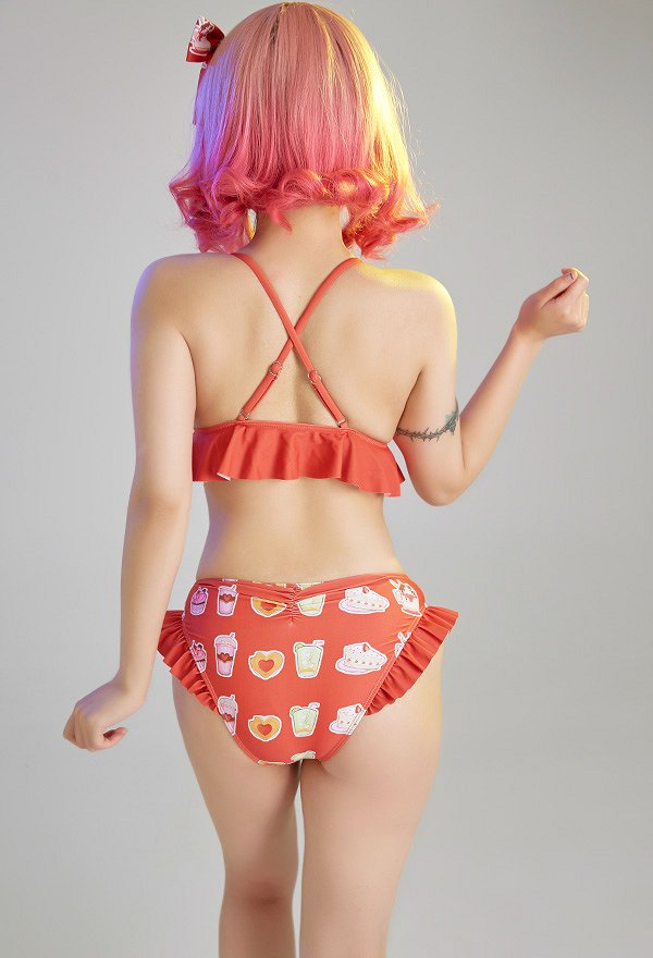 Miccostumes Swimsuits for Women Cartoon Pattern Bathing Suit Ruffles Decorated Swimwear Bikini Sets with Sheer Coverup Chiffon Cardigans