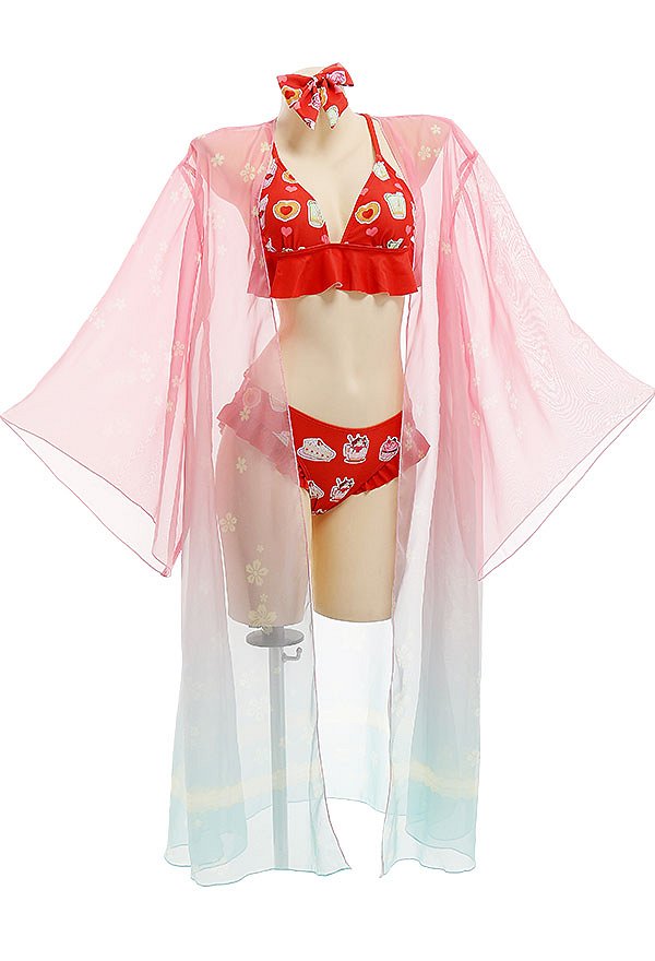 Miccostumes Swimsuits for Women Cartoon Pattern Bathing Suit Ruffles Decorated Swimwear Bikini Sets with Sheer Coverup Chiffon Cardigans