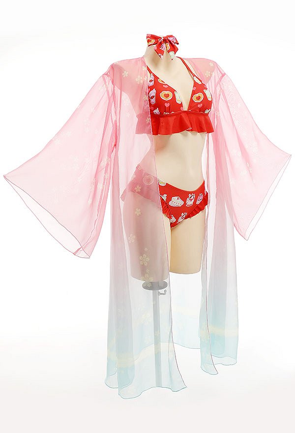 Miccostumes Swimsuits for Women Cartoon Pattern Bathing Suit Ruffles Decorated Swimwear Bikini Sets with Sheer Coverup Chiffon Cardigans