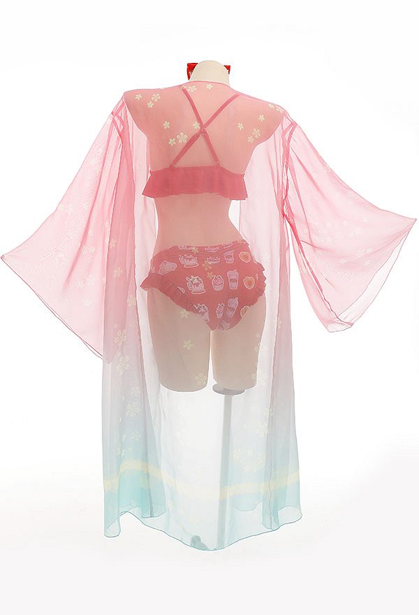 Miccostumes Swimsuits for Women Cartoon Pattern Bathing Suit Ruffles Decorated Swimwear Bikini Sets with Sheer Coverup Chiffon Cardigans