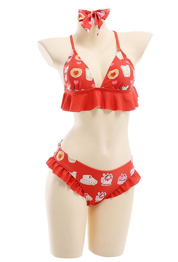 Miccostumes Swimsuits for Women Cartoon Pattern Bathing Suit Ruffles Decorated Swimwear Bikini Sets with Sheer Coverup Chiffon Cardigans