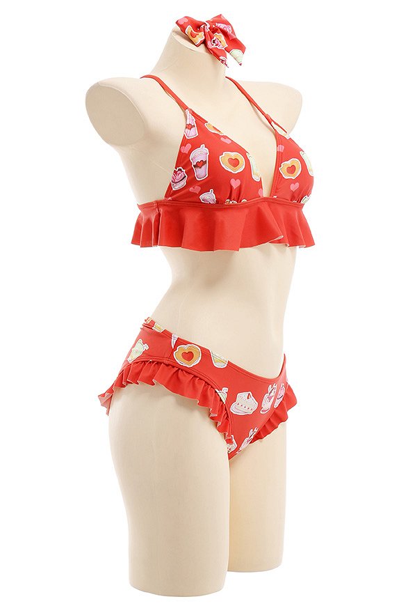 Miccostumes Swimsuits for Women Cartoon Pattern Bathing Suit Ruffles Decorated Swimwear Bikini Sets with Sheer Coverup Chiffon Cardigans