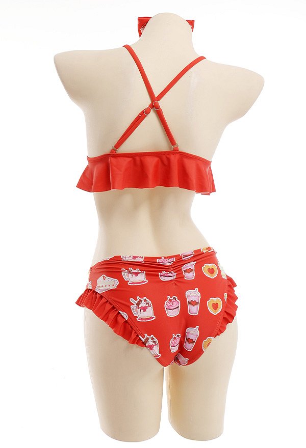 Miccostumes Swimsuits for Women Cartoon Pattern Bathing Suit Ruffles Decorated Swimwear Bikini Sets with Sheer Coverup Chiffon Cardigans