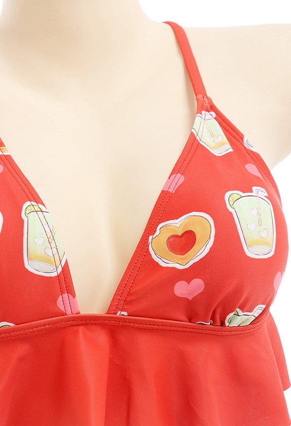 Miccostumes Swimsuits for Women Cartoon Pattern Bathing Suit Ruffles Decorated Swimwear Bikini Sets with Sheer Coverup Chiffon Cardigans