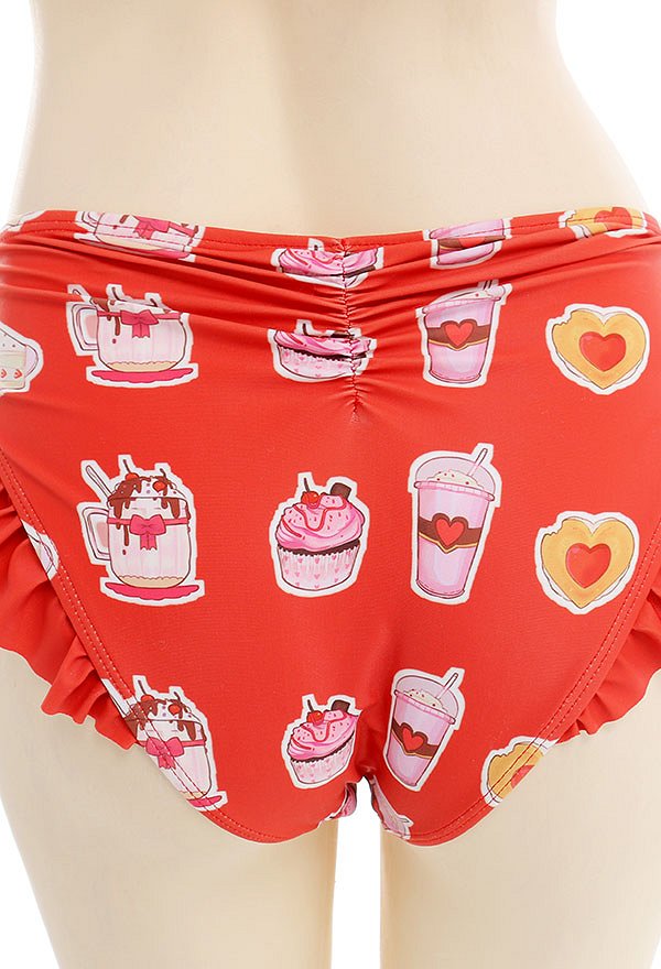 Miccostumes Swimsuits for Women Cartoon Pattern Bathing Suit Ruffles Decorated Swimwear Bikini Sets with Sheer Coverup Chiffon Cardigans