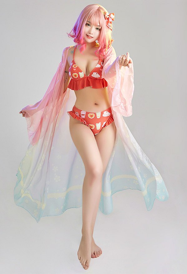Miccostumes Swimsuits for Women Cartoon Pattern Bathing Suit Ruffles Decorated Swimwear Bikini Sets with Sheer Coverup Chiffon Cardigans