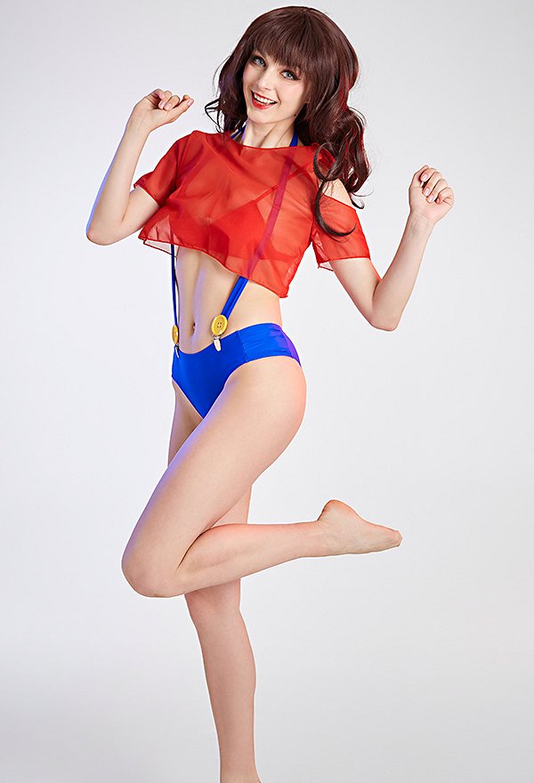 Bikini Kawaii de Dos Piezas con Gasa Roja Traje de Baño con Correa para el Hombro