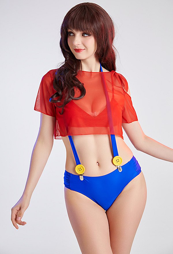 Bikini Kawaii de Dos Piezas con Gasa Roja Traje de Baño con Correa para el Hombro