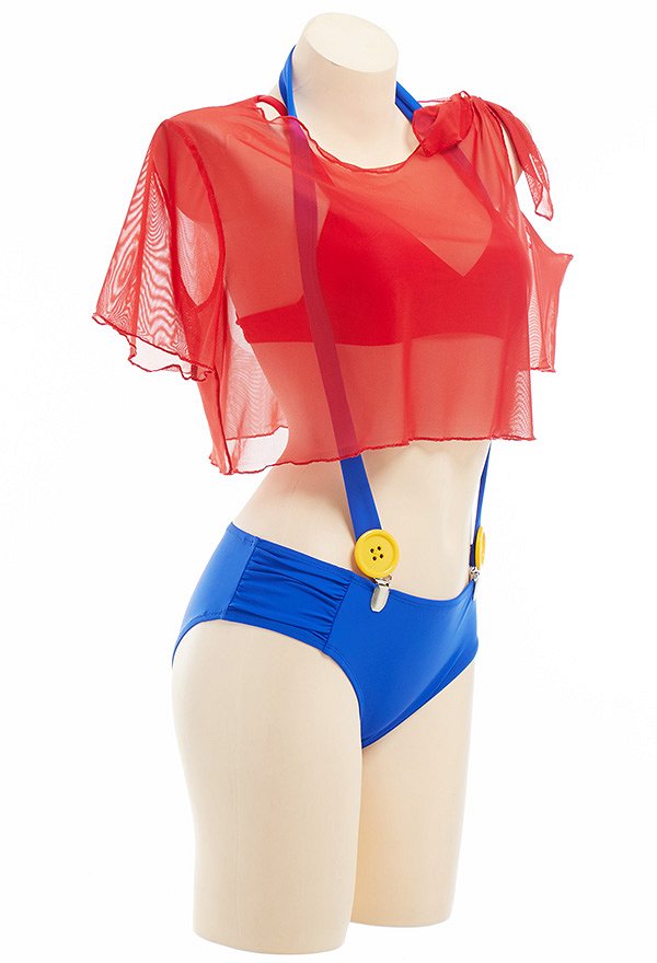 Bikini Kawaii de Dos Piezas con Gasa Roja Traje de Baño con Correa para el Hombro
