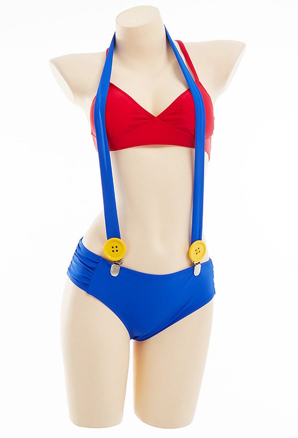 Bikini Kawaii de Dos Piezas con Gasa Roja Traje de Baño con Correa para el Hombro