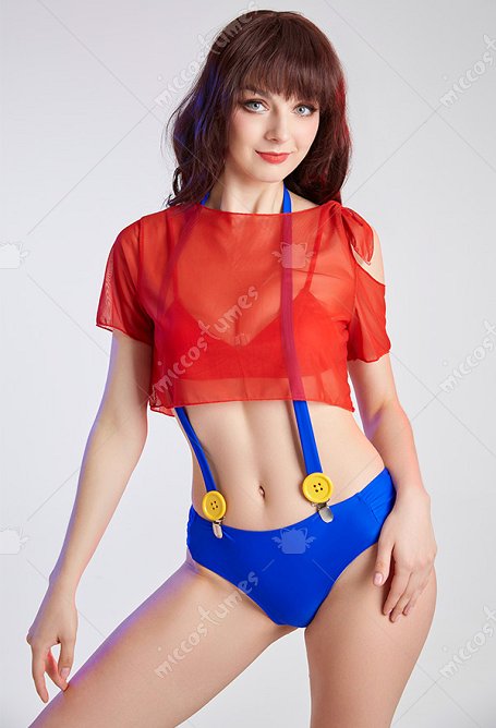 Kawaii Swimsuit Sommer Dreiteiliger Bikini Set Badeanzug Knöpfen Bademode mit Chiffon T-Shirt in Rot Blau 