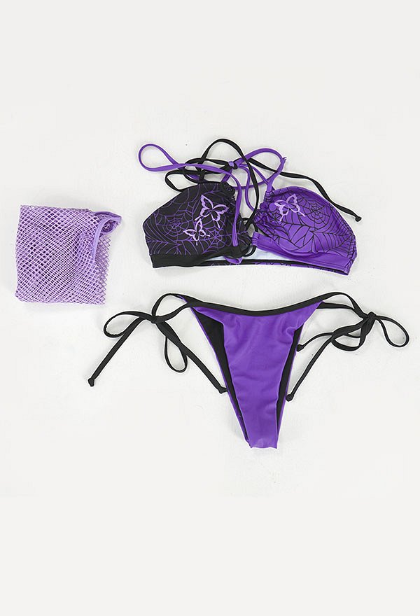 Miccostumes Trajes de baño para mujer Traje de baño con estampado de telaraña Traje de baño sexy Conjunto de bikini halter con pareo Miccostumes Trajes de baño para mujer Traje de baño con estampado de telaraña Traje de baño sexy Conjunto de bikini halter con pareo