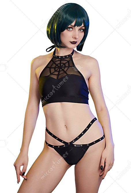 Miccostumes Trajes de baño para mujer Trajes de baño de estilo gótico Con estampado de telaraña Conjunto de bikini con top y pantalones cortos