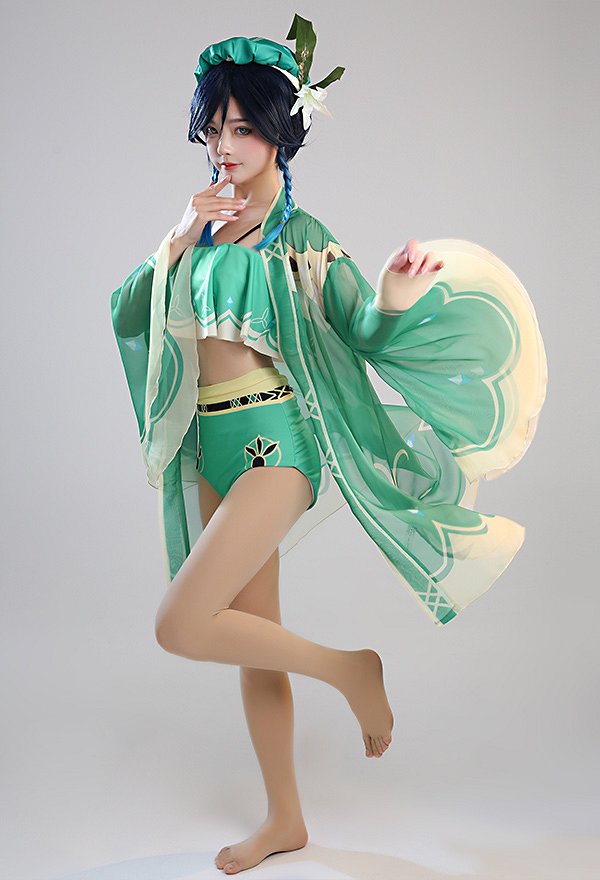 Miccostumes Swimsuits Venti Two-Piece Swimsuit Green Prints Bathing Suit Ruffle Falbala Top and High Waist Style Panty Swimwear