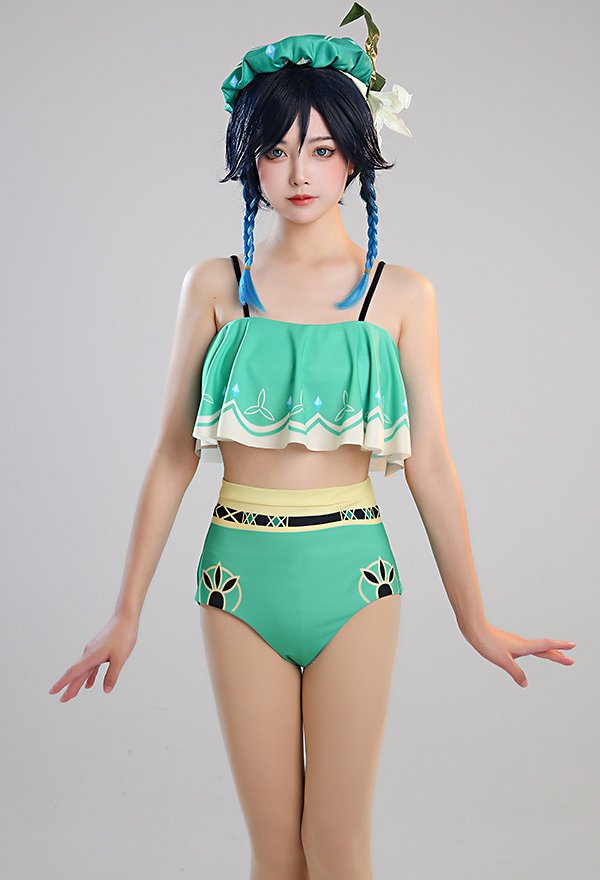 Miccostumes Swimsuits Venti Two-Piece Swimsuit Green Prints Bathing Suit Ruffle Falbala Top and High Waist Style Panty Swimwear