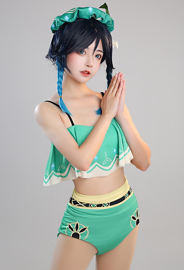 Miccostumes Swimsuits Venti Two-Piece Swimsuit Green Prints Bathing Suit Ruffle Falbala Top and High Waist Style Panty Swimwear