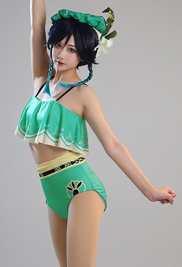 Miccostumes Swimsuits Venti Two-Piece Swimsuit Green Prints Bathing Suit Ruffle Falbala Top and High Waist Style Panty Swimwear