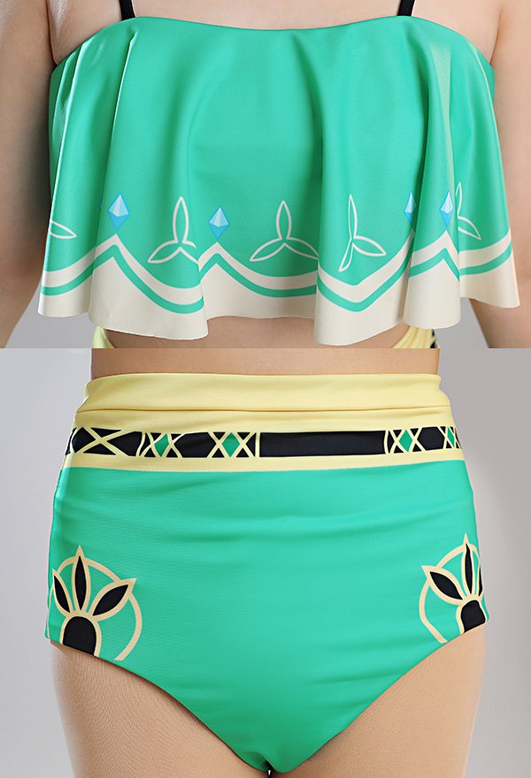 Miccostumes Swimsuits Venti Two-Piece Swimsuit Green Prints Bathing Suit Ruffle Falbala Top and High Waist Style Panty Swimwear