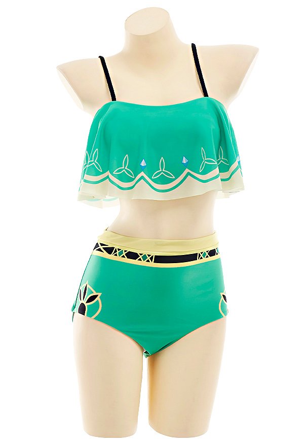 Miccostumes Swimsuits Venti Two-Piece Swimsuit Green Prints Bathing Suit Ruffle Falbala Top and High Waist Style Panty Swimwear