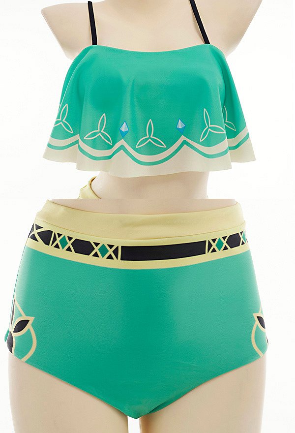 Miccostumes Swimsuits Venti Two-Piece Swimsuit Green Prints Bathing Suit Ruffle Falbala Top and High Waist Style Panty Swimwear