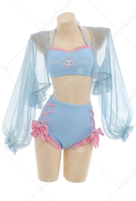Miccostumes Kawaii Swimsuits for Women Blue Bunny Pattern Swimwear Bathing Suit Halter Top and Bowknot Bottoms Bikini Set with Chiffon Cover-Up