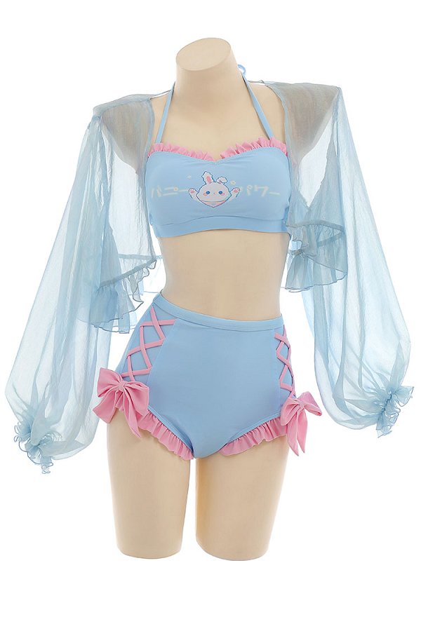 Miccostumes Kawaii Swimsuits for Women Blue Bunny Pattern Swimwear Bathing Suit Halter Top and Bowknot Bottoms Bikini Set with Chiffon Cover-Up