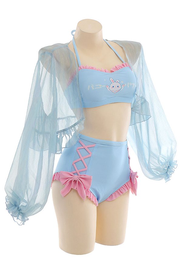 Miccostumes Kawaii Swimsuits for Women Blue Bunny Pattern Swimwear Bathing Suit Halter Top and Bowknot Bottoms Bikini Set with Chiffon Cover-Up