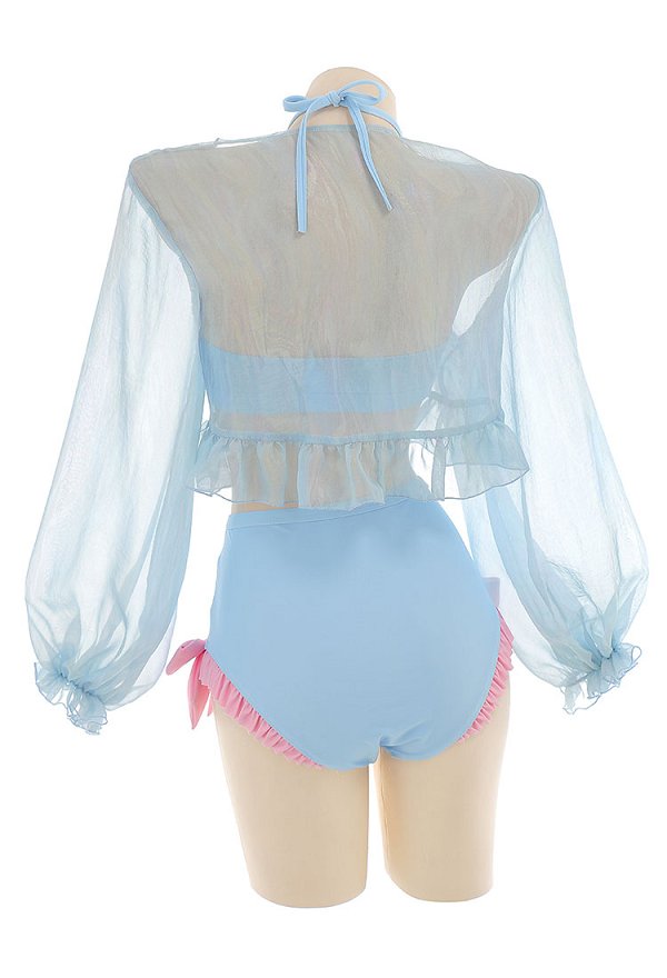 Miccostumes Kawaii Swimsuits for Women Blue Bunny Pattern Swimwear Bathing Suit Halter Top and Bowknot Bottoms Bikini Set with Chiffon Cover-Up