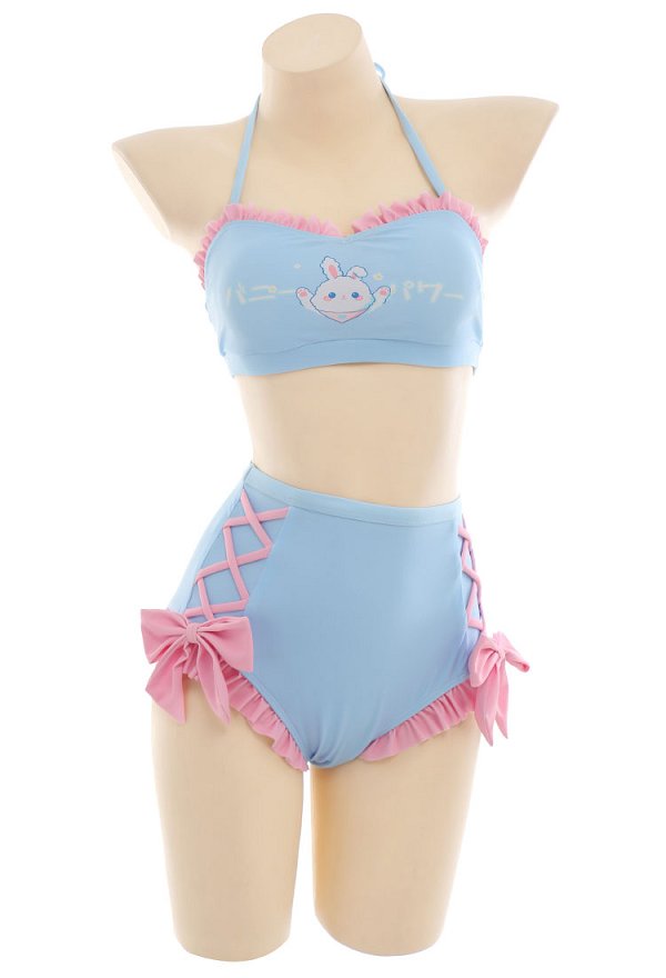 Miccostumes Kawaii Swimsuits for Women Blue Bunny Pattern Swimwear Bathing Suit Halter Top and Bowknot Bottoms Bikini Set with Chiffon Cover-Up