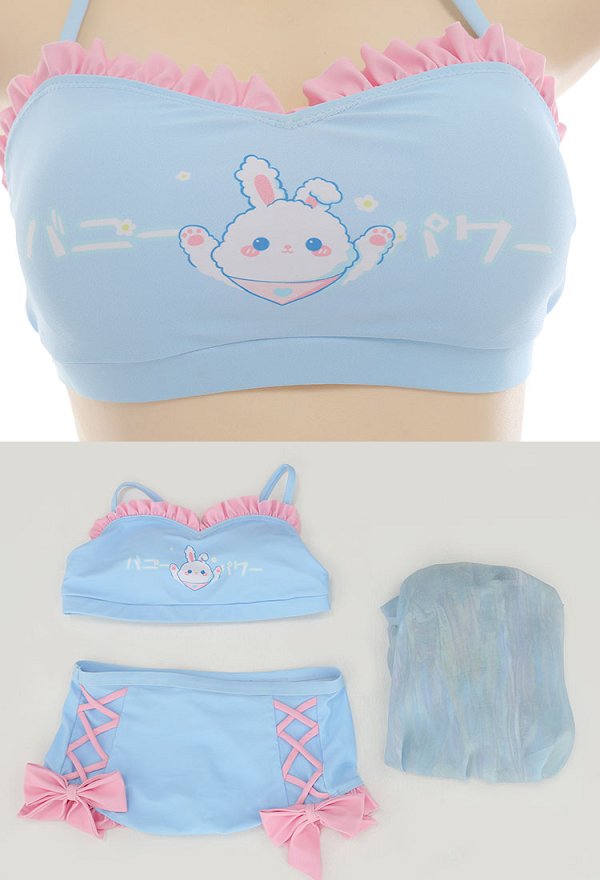 Miccostumes Kawaii Swimsuits for Women Blue Bunny Pattern Swimwear Bathing Suit Halter Top and Bowknot Bottoms Bikini Set with Chiffon Cover-Up