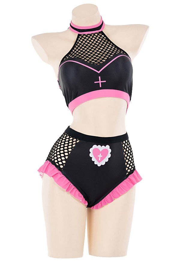 Miccostumes Swimsuits Maillot de Bain Deux Pièces Bikini Noir Gothique Infirmière