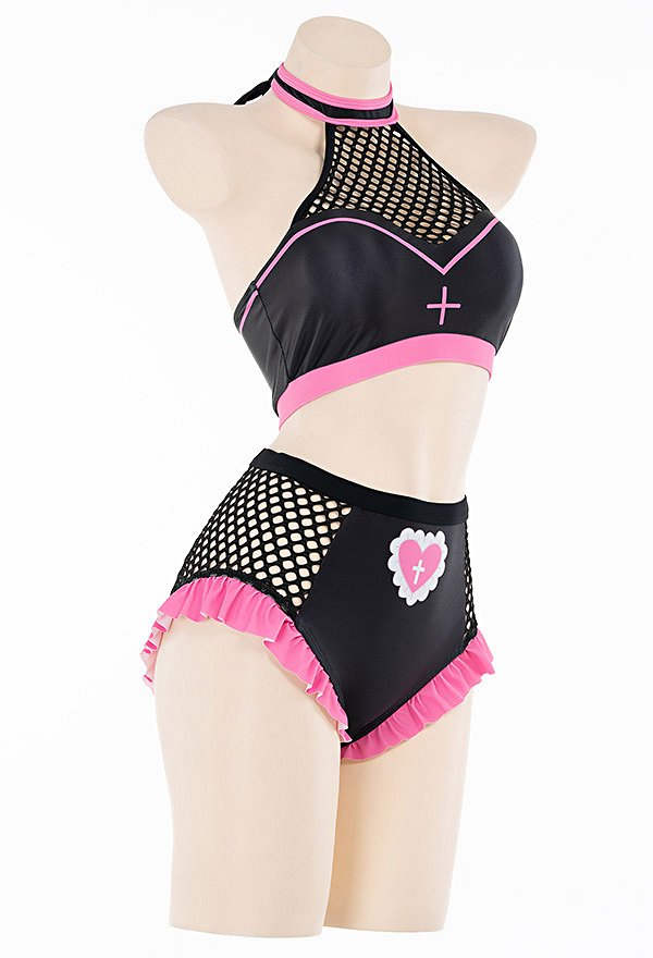 Miccostumes Swimsuits Maillot de Bain Deux Pièces Bikini Noir Gothique Infirmière