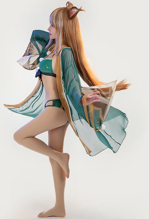 Miccostumes Trajes de baño Ms Hina Gorou Conjunto de bikini derivado Top con lazo y braguita Traje de baño de dos piezas con kimono Haori y gargantilla