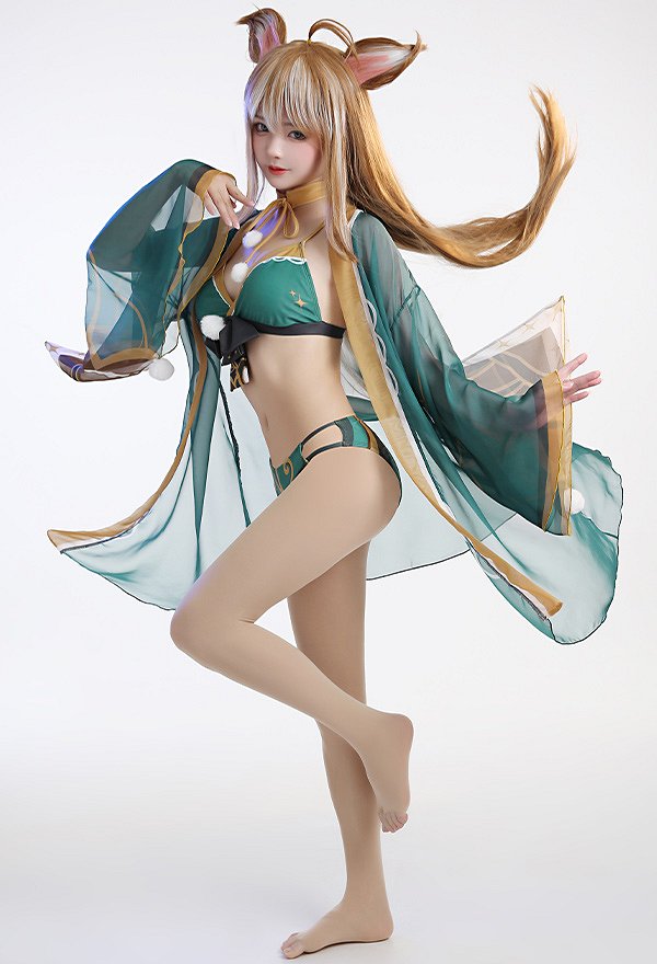 Miccostumes Trajes de baño Ms Hina Gorou Conjunto de bikini derivado Top con lazo y braguita Traje de baño de dos piezas con kimono Haori y gargantilla