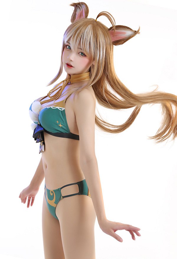 Miccostumes Trajes de baño Ms Hina Gorou Conjunto de bikini derivado Top con lazo y braguita Traje de baño de dos piezas con kimono Haori y gargantilla