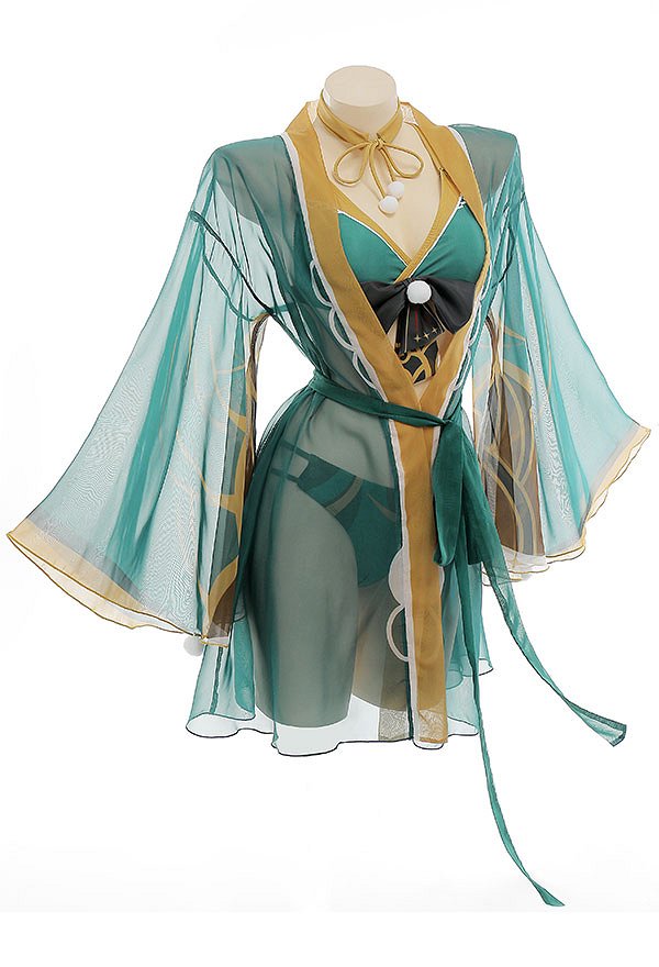 Miccostumes Trajes de baño Ms Hina Gorou Conjunto de bikini derivado Top con lazo y braguita Traje de baño de dos piezas con kimono Haori y gargantilla