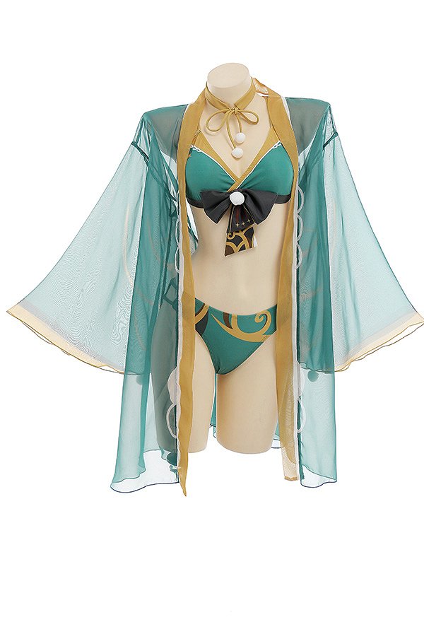 Miccostumes Trajes de baño Ms Hina Gorou Conjunto de bikini derivado Top con lazo y braguita Traje de baño de dos piezas con kimono Haori y gargantilla