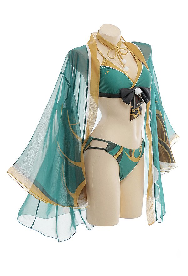 Miccostumes Trajes de baño Ms Hina Gorou Conjunto de bikini derivado Top con lazo y braguita Traje de baño de dos piezas con kimono Haori y gargantilla